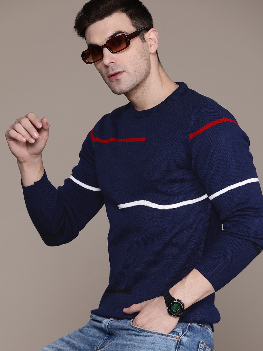

Roadster Men Striped Pullover, Navy blue