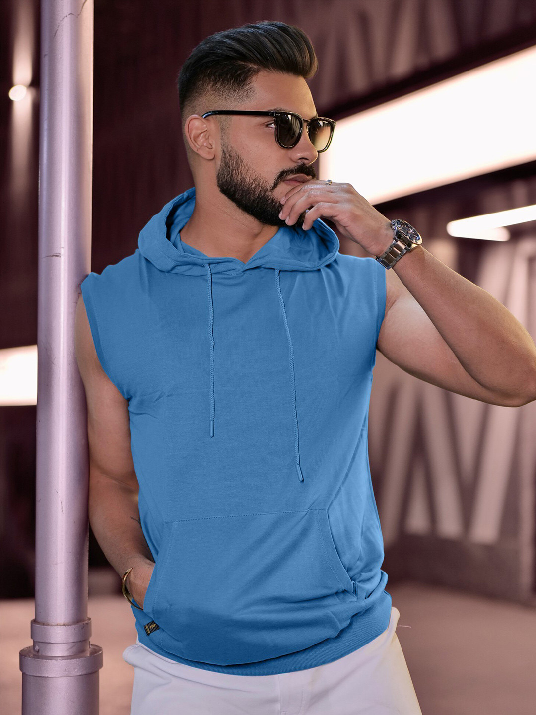

Maniac Sleeveless Cotton Hood Slim Fit T-shirt, Blue