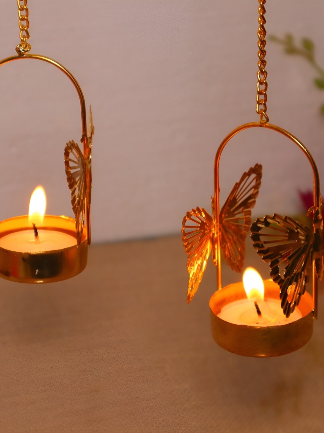 

HOME AUZAR 2-Pcs Brown Textured Metal Tea Light Butterfly Hanging Diyas, Metallic