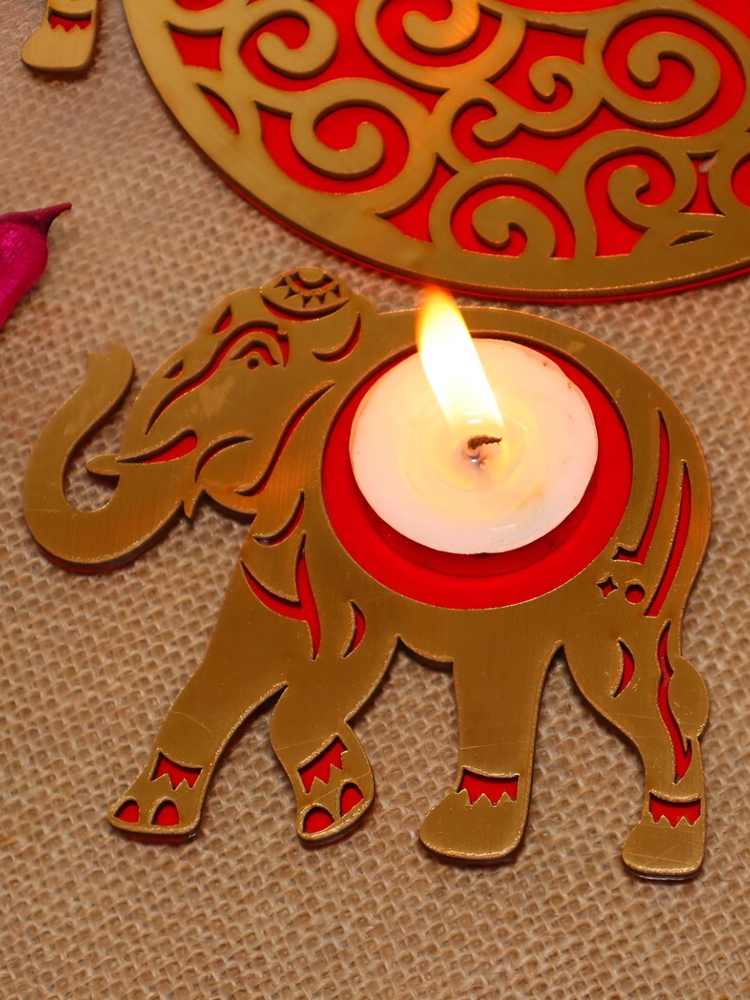 

HOME AUZAR Brown Textured Wooden Elephant Rangoli With T-Light Diya