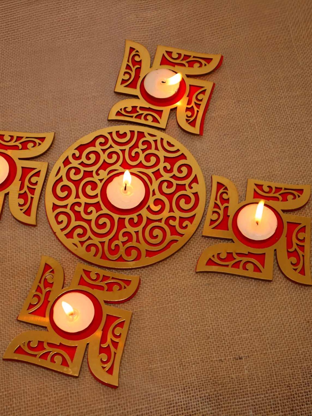 

HOME AUZAR Brown Textured Wooden Swastik Rangoli With T-Light Diya