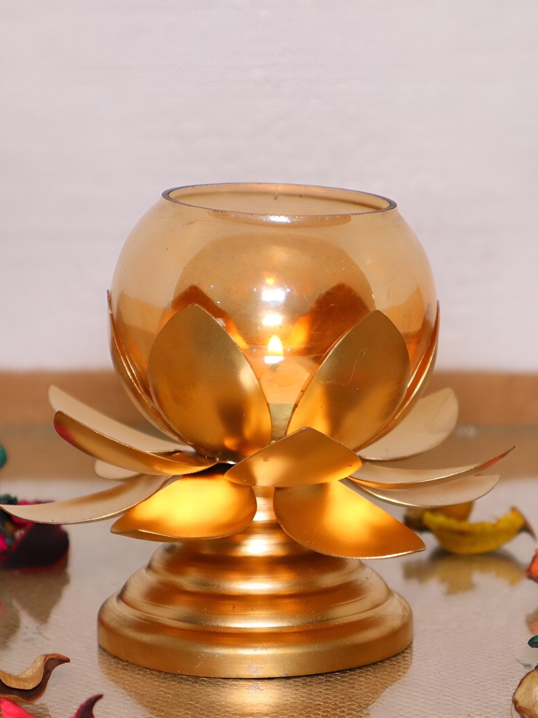 

HOME AUZAR 2-Pcs Brown Textured Metal Tea-Light Lotus Diyas, Metallic