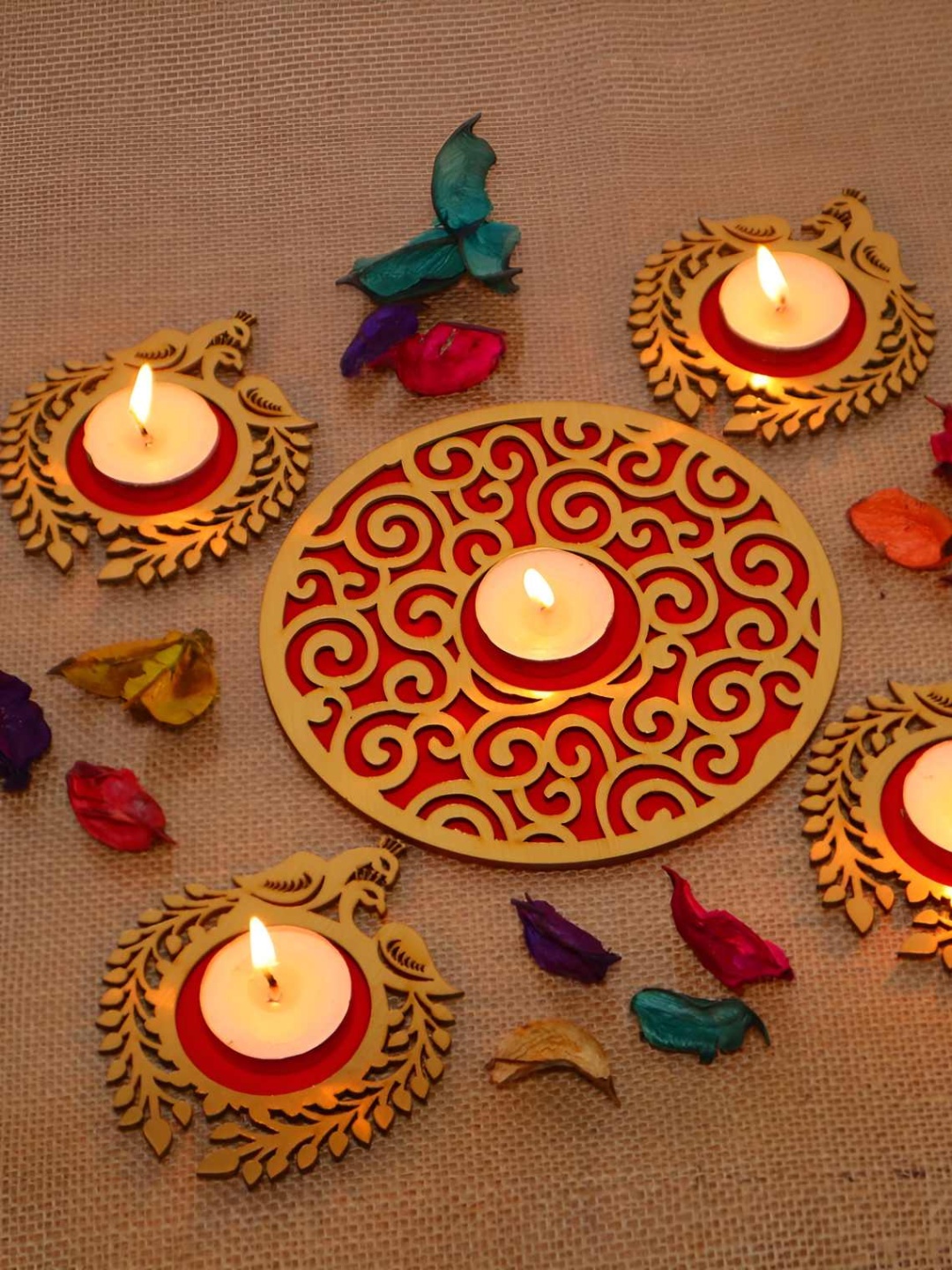 

HOME AUZAR Brown Textured Peacock Rangoli Set With T-Light Diya
