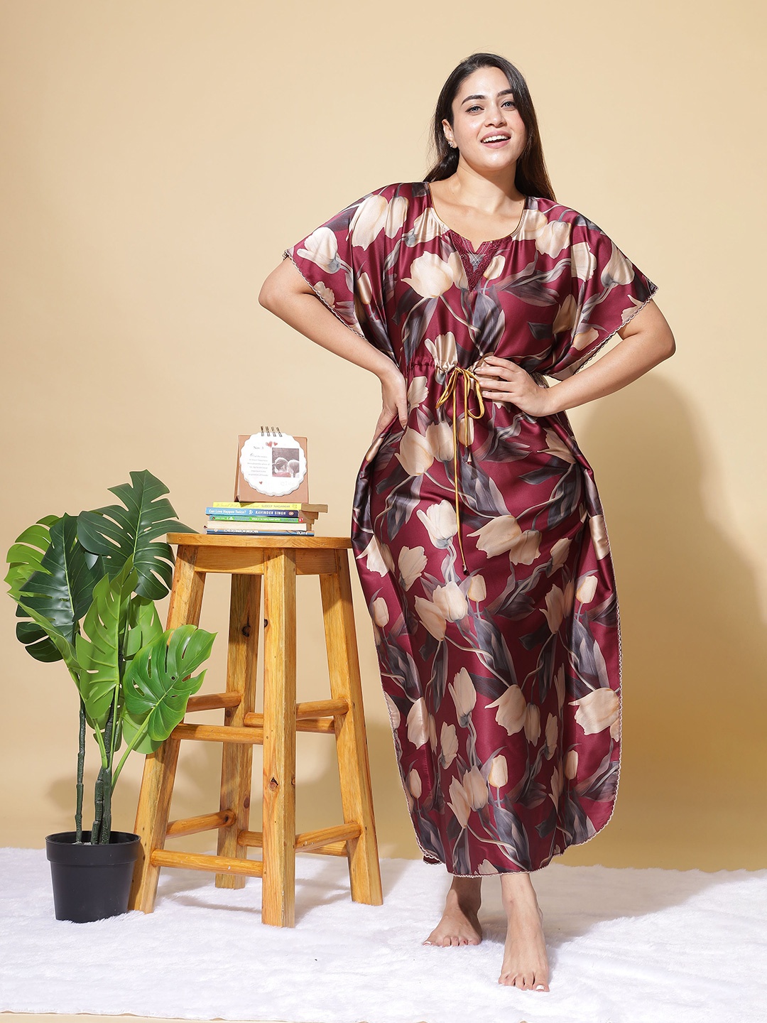 

9shines Label Floral Printed Satin Maxi Kaftan Nightdress, Maroon