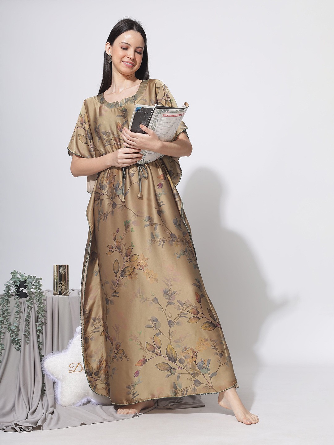 

9shines Label Floral Printed Satin Maxi Kaftan Nightdress, Green