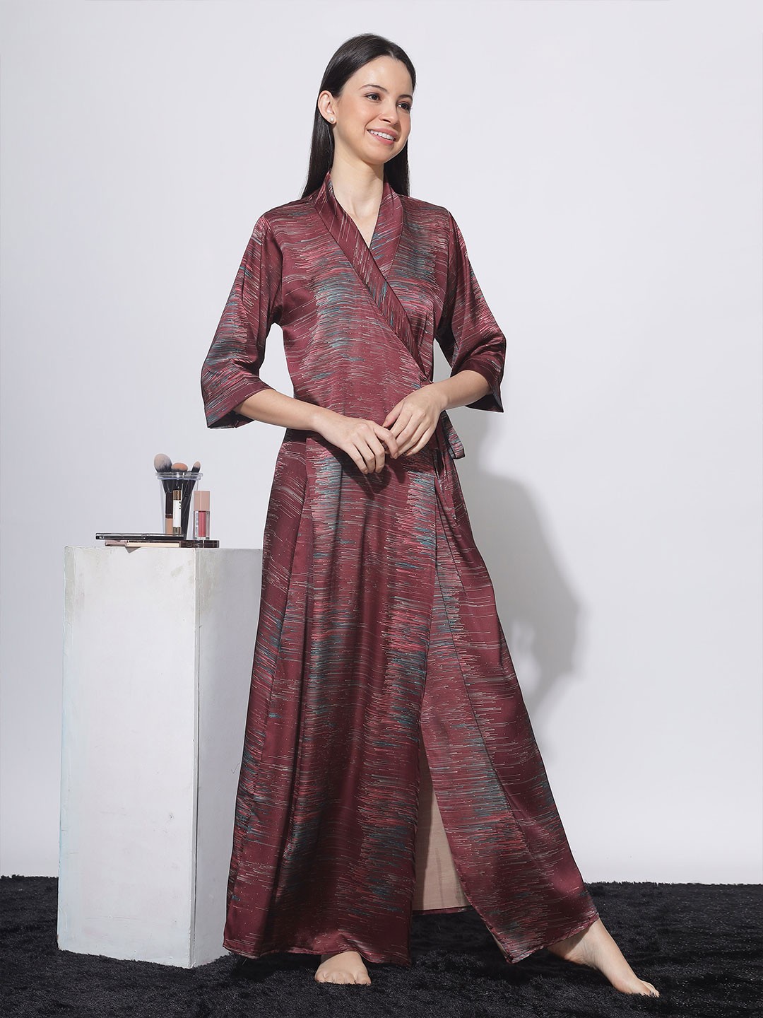 

9shines Label Abstract Printed Maxi Satin Wrap Nightdress, Maroon