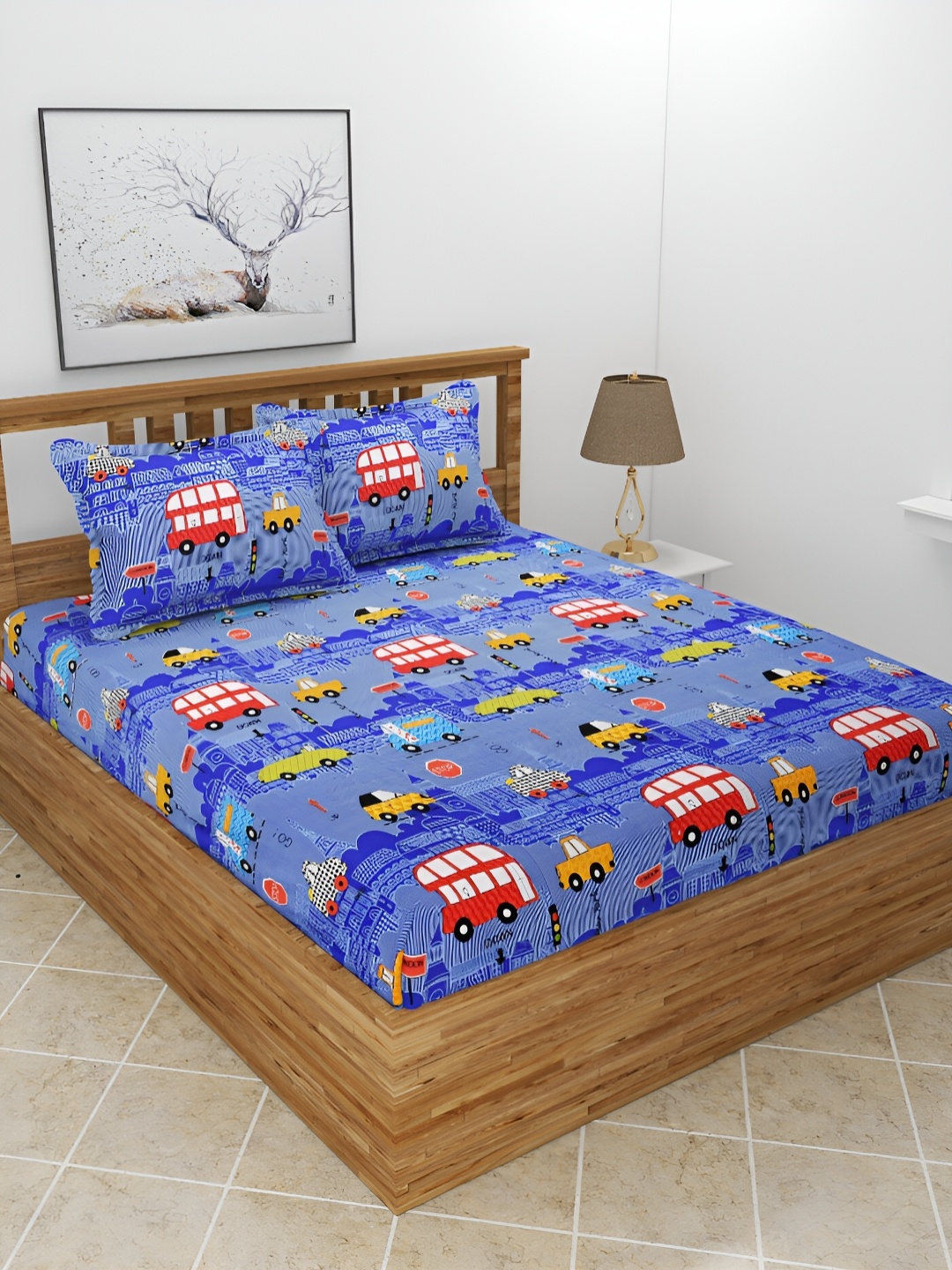 

BREVARD Blue & Red Conversational 210 TC Queen Bedsheet with 2 Pillow Covers