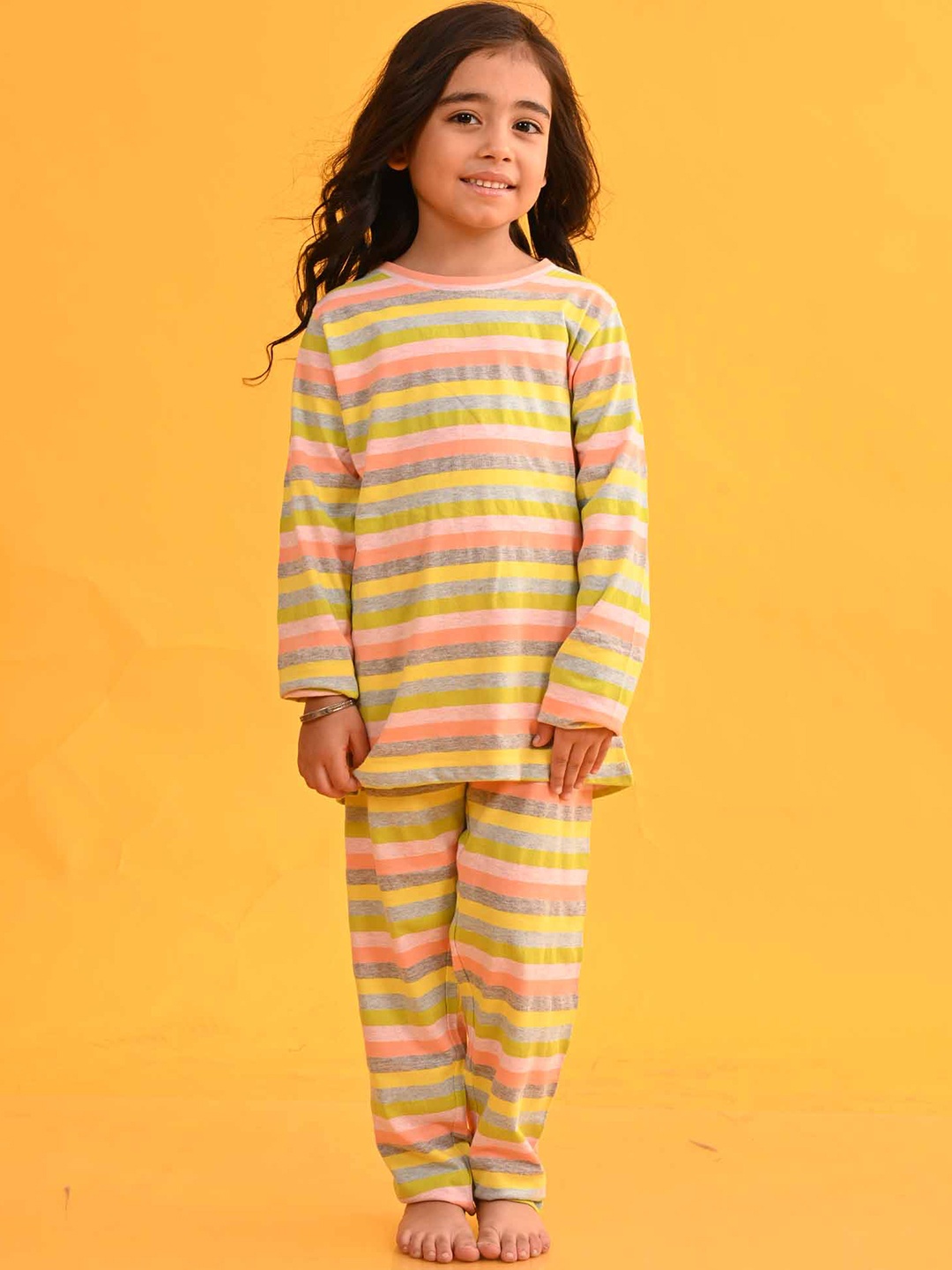 

Anthrilo Girls Striped Night Suit, Yellow