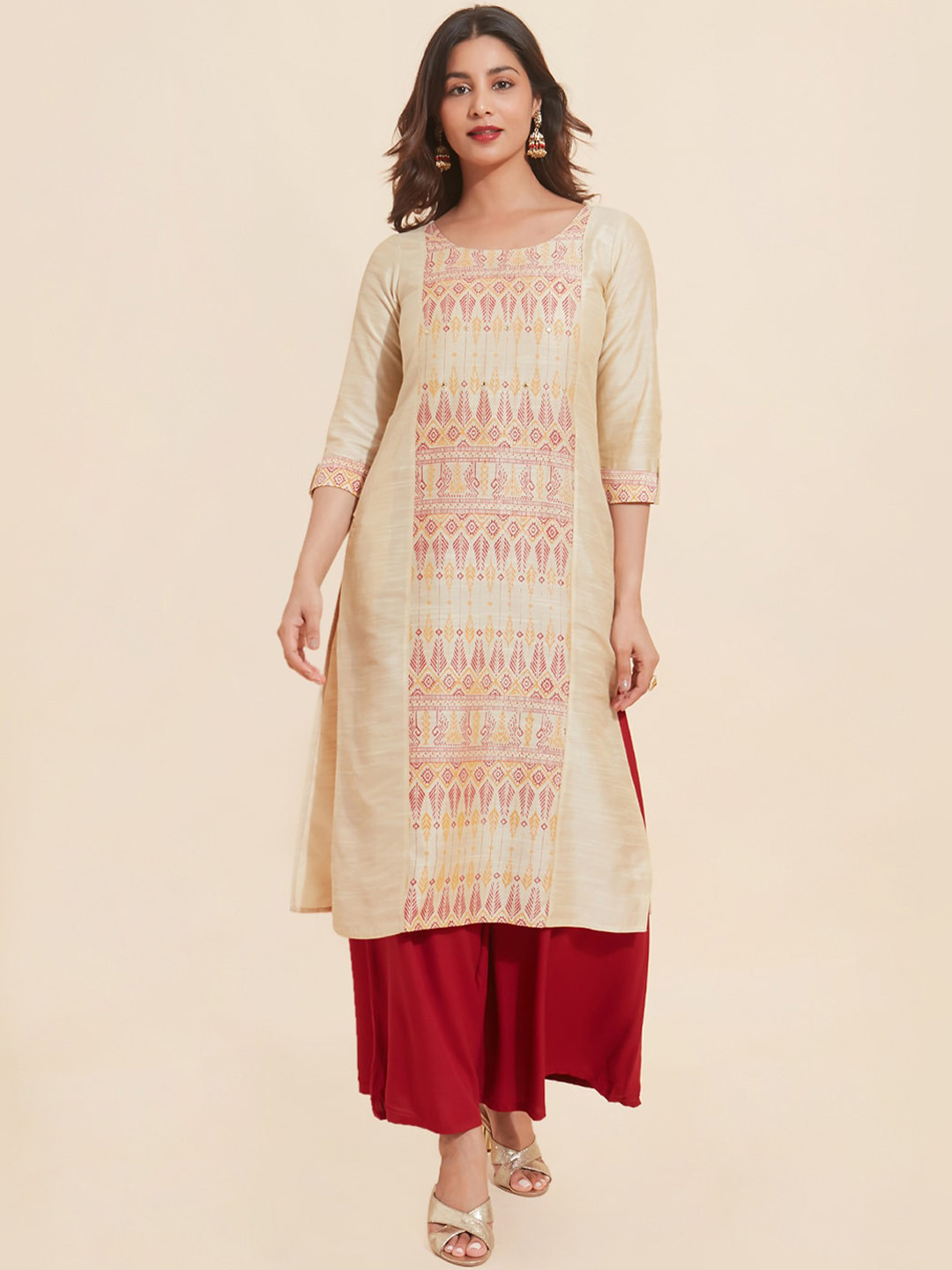 

Maybell Ethnic Motifs Printed Silk Straight Kurta, Beige