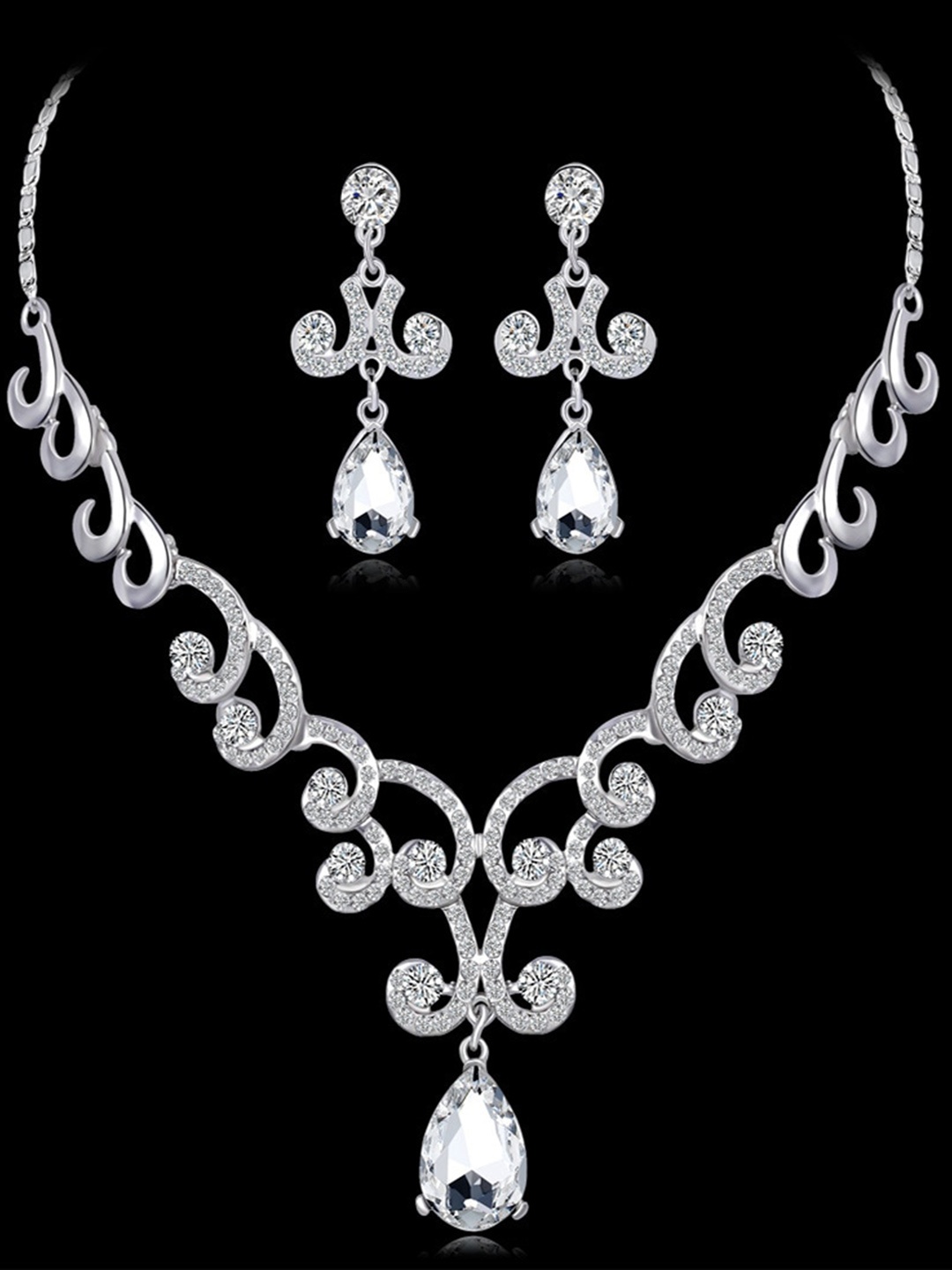 

Shining Diva Fashion Silver Plated Crystal-Studded Necklace And Earrings