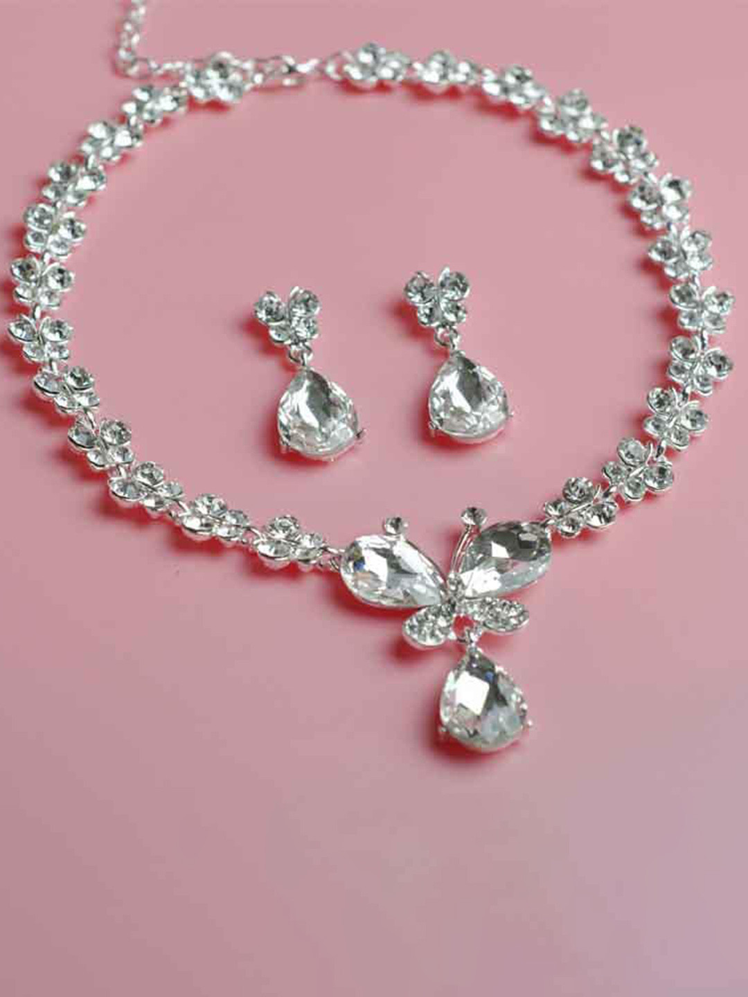 

Shining Diva Fashion Silver Plated Crystal-Studded Necklace And Earrings
