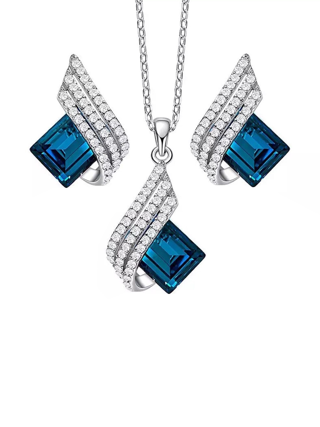 

Shining Diva Fashion Silver Plated Crystal-Studded Necklace And Earrings, Blue