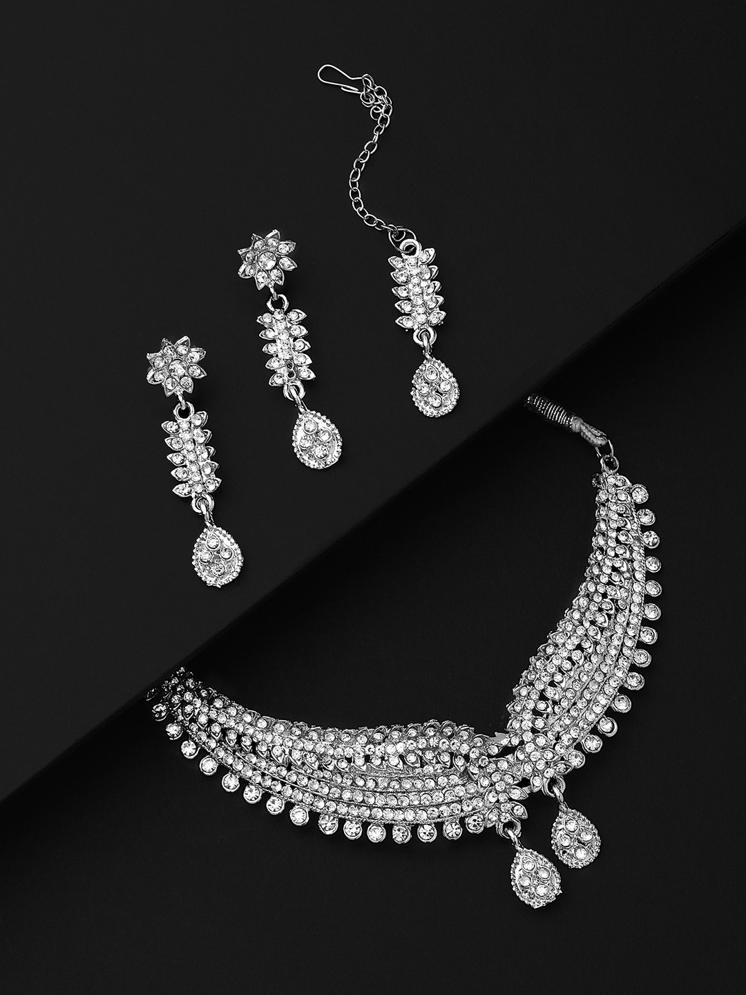

Shining Diva Silver-Plated Crystal Studded Necklace & Earrings With Maang Tika