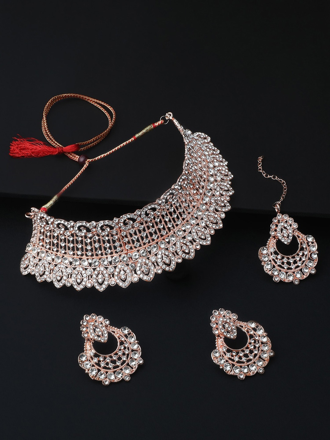 

Shining Diva Rose Gold-Plated Crystal Studded Necklace & Earrings With Maang Tika