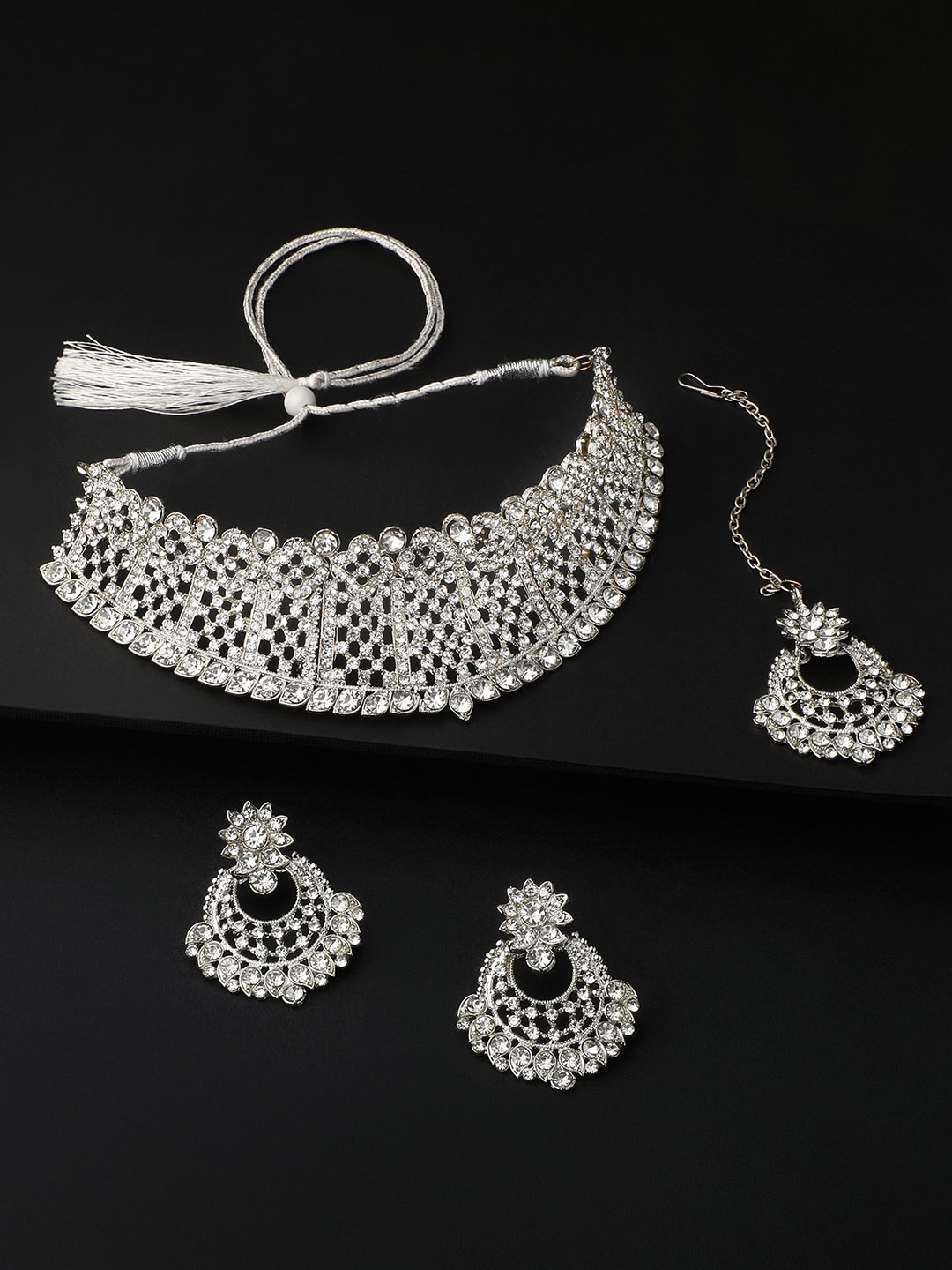 

Shining Diva Silver-Plated Crystal Studded Necklace & Earrings With Maang Tika