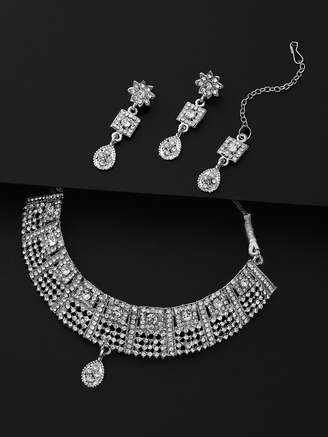 

Shining Diva Silver-Plated Crystals-Studded Necklace & Earrings With Maang Tika