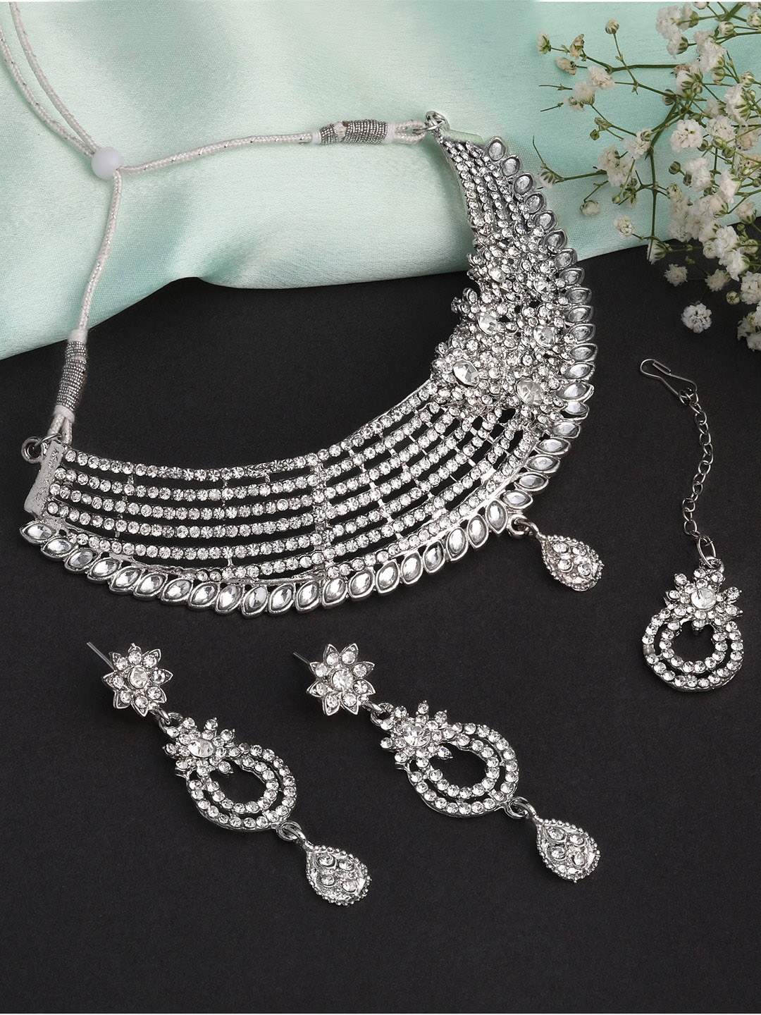 

Shining Diva Silver-Plated Crystal Studded Necklace & Earrings With Maang Tika