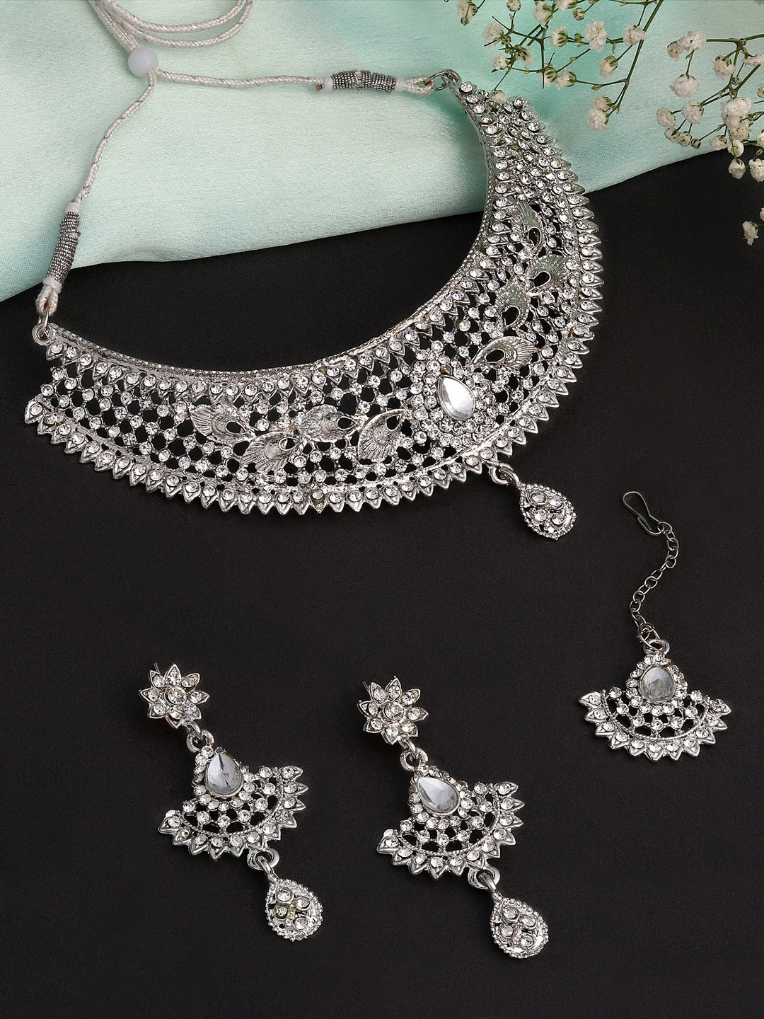 

Shining Diva Silver-Plated Crystals Studded Necklace & Earrings With Maang Tika