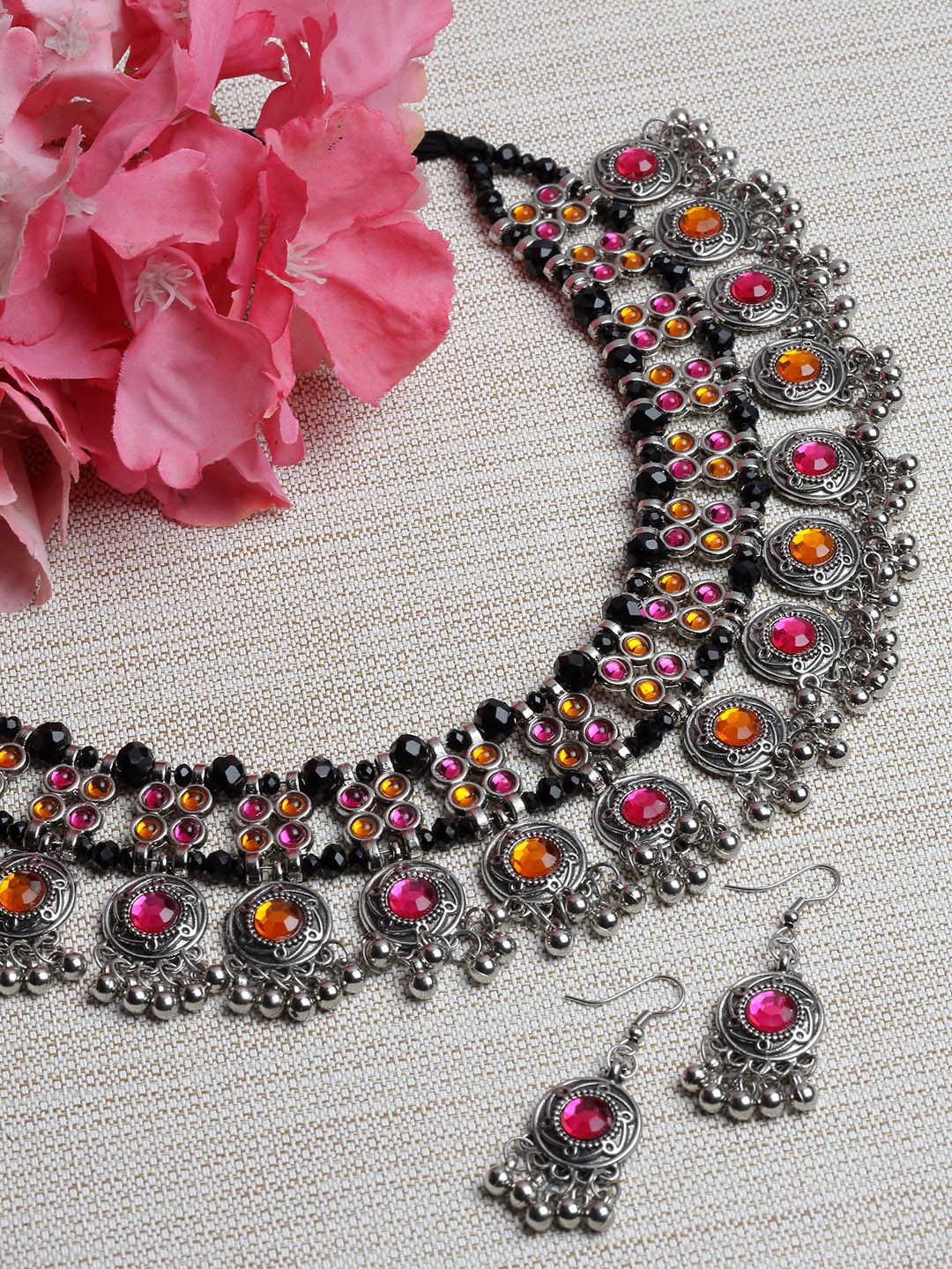 

Shining Diva Silver-Plated Crystals-Studded Necklace With Earrings