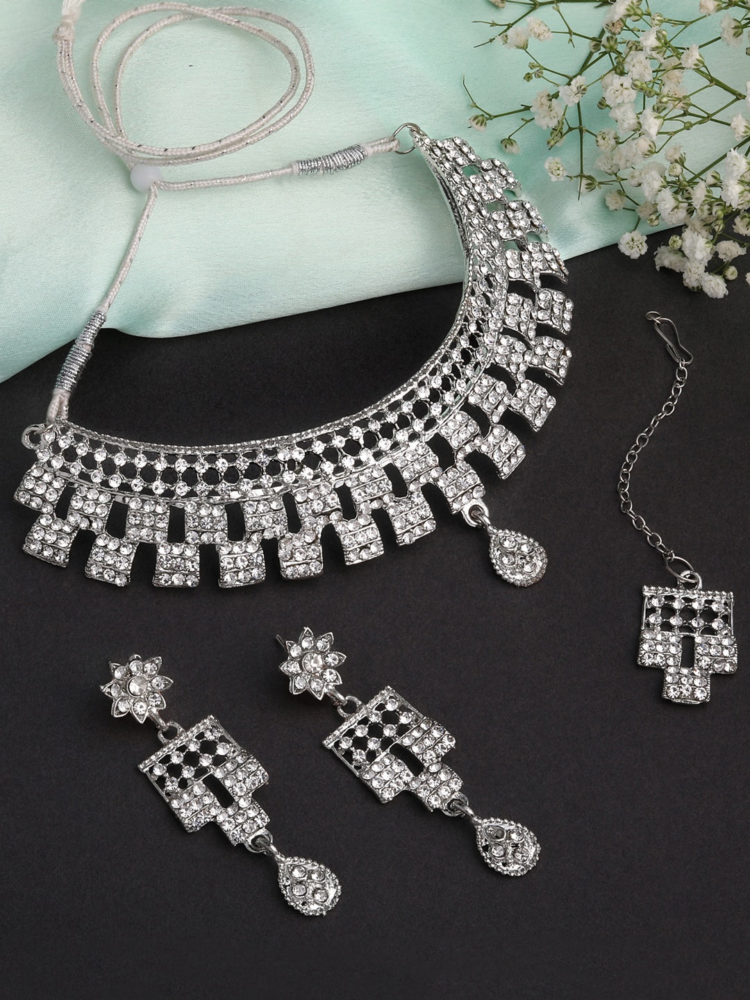 

Shining Diva Fashion Silver Plated Crystal Diamond Studded Jewellery Set