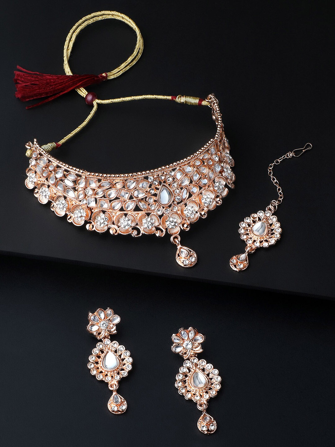 

Shining Diva Rose Gold Plated Crystal-Studded Necklace With Earrings & Maang Tika