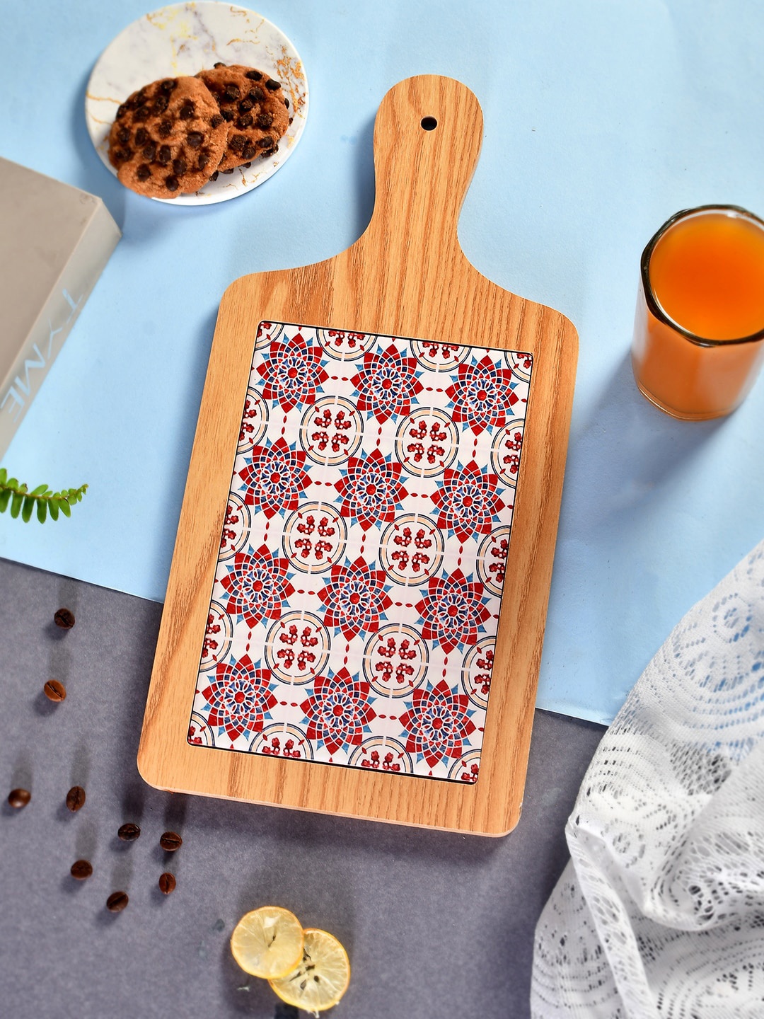 

TAYHAA Red & Brown Printed Ceramic Platter With Wooden Handle Serve ware