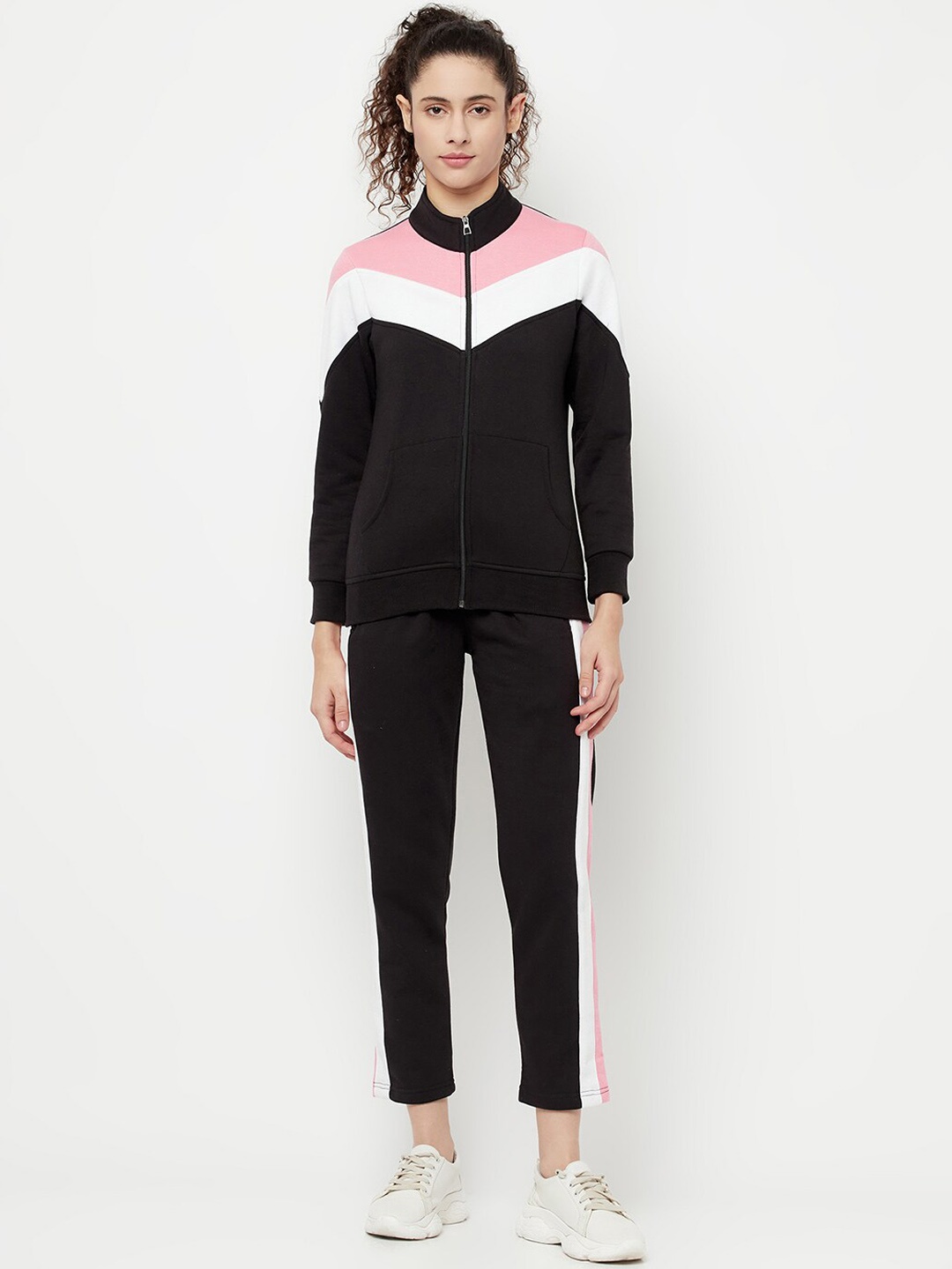 

Divine Girl Colourblocked Front Open Fleece Cotton Tracksuit, Black