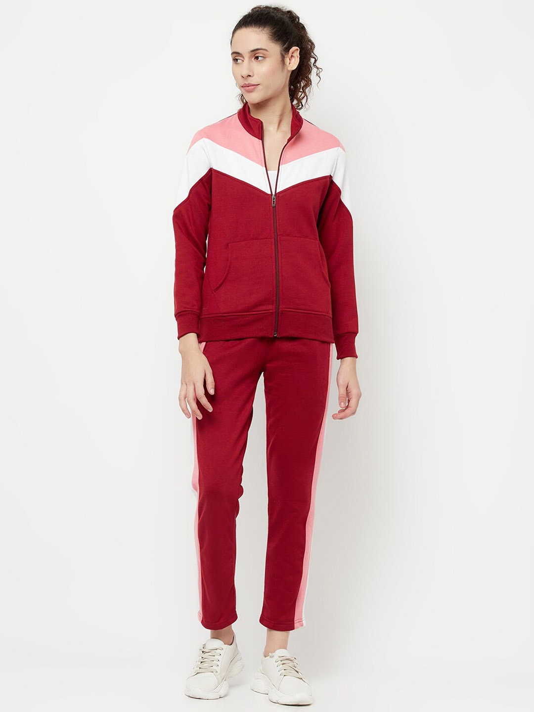 

Divine Girl Colourblocked Front Open Fleece Cotton Tracksuit, Maroon