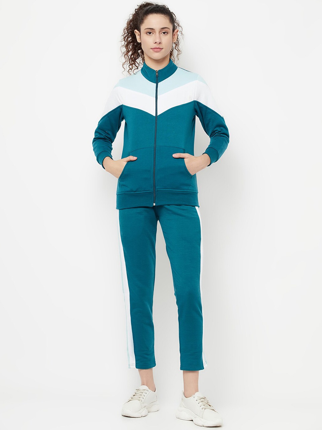 

Divine Girl Colourblocked Mock Collar Cotton Fleece Tracksuit, Green