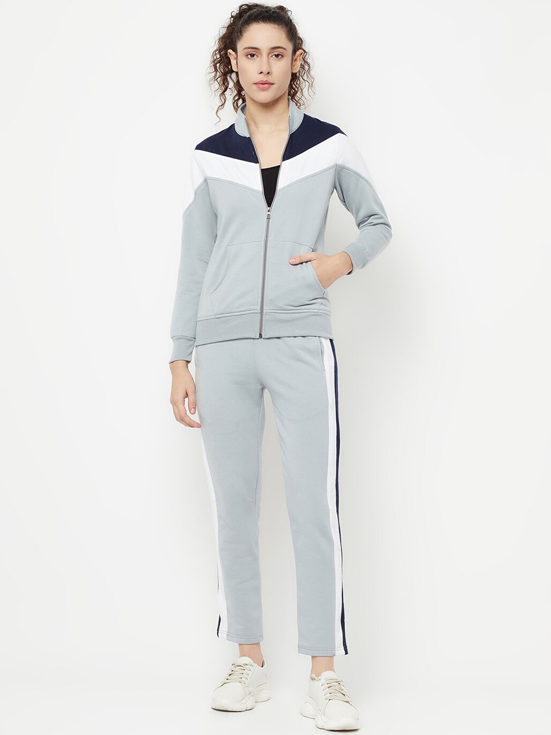 

Divine Girl Colorblocked Mock Collar Fleece Cotton Tracksuit, Grey