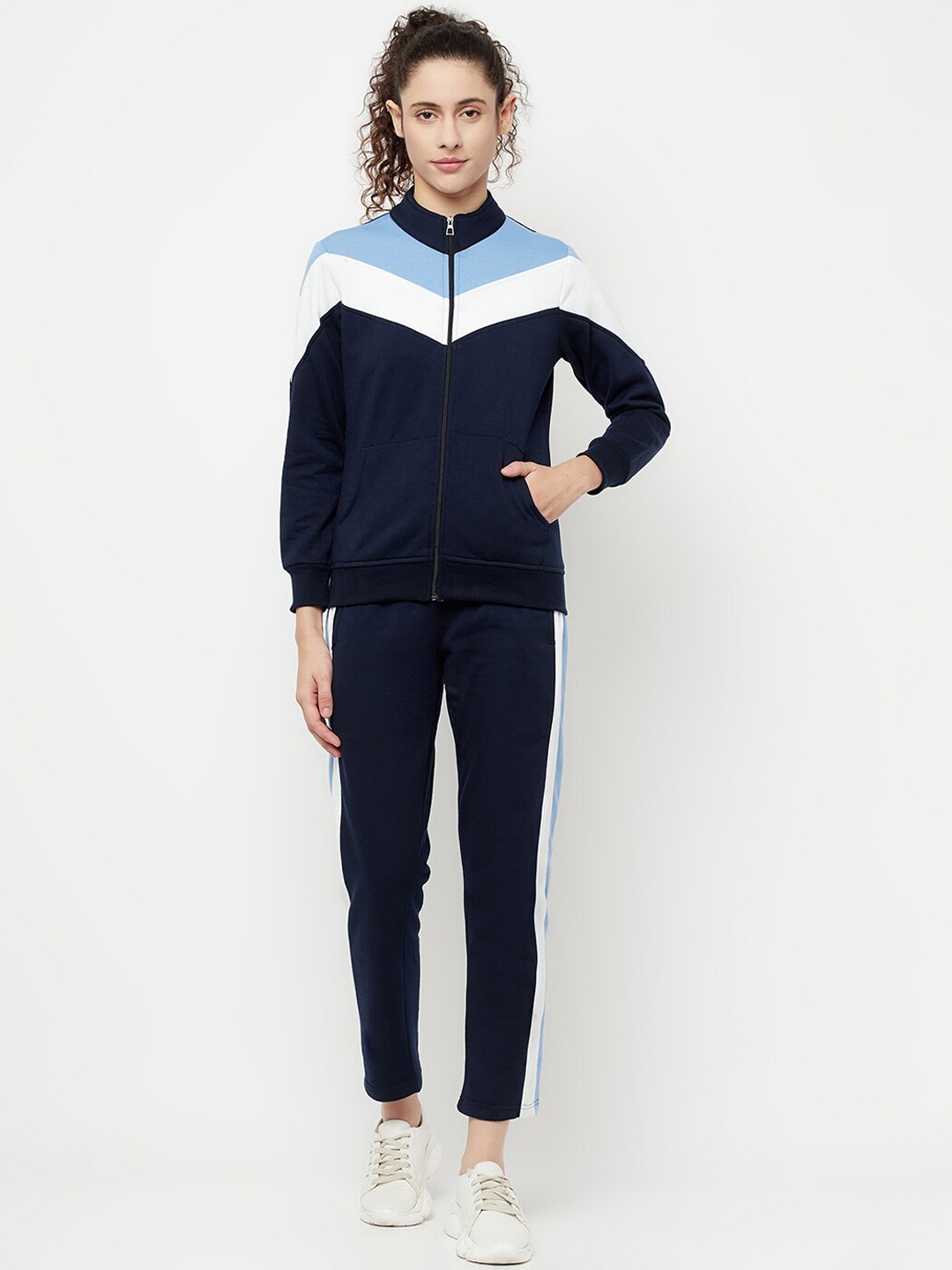 

Divine Girl Colourblocked Mock Collar Fleece Cotton Tracksuit, Navy blue