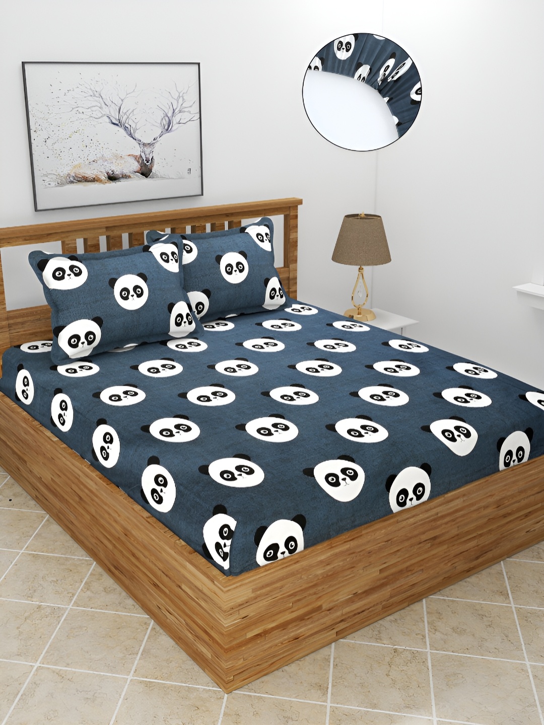 

BREVARD Black & Blue Panda Printed 210 TC Fitted Queen Bedsheet With 2 Pillow Covers
