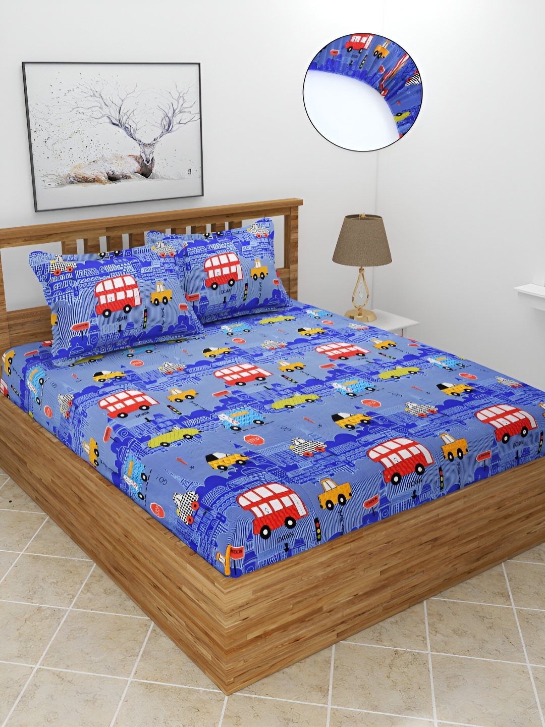 

BREVARD Blue & Red Printed Fitted 210 TC Queen Bedsheet With 2 Pillow Covers