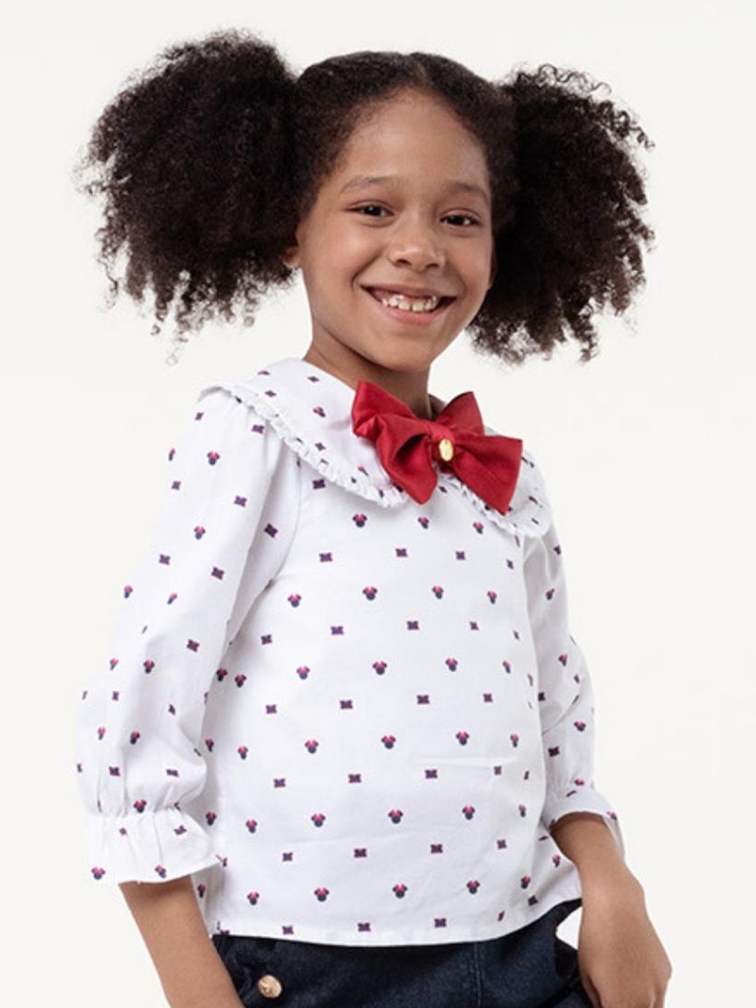 

One Friday Girls Minnie Mouse Printed Peter Pan Collar Bell Sleeve Bow Pure Cotton Top, White