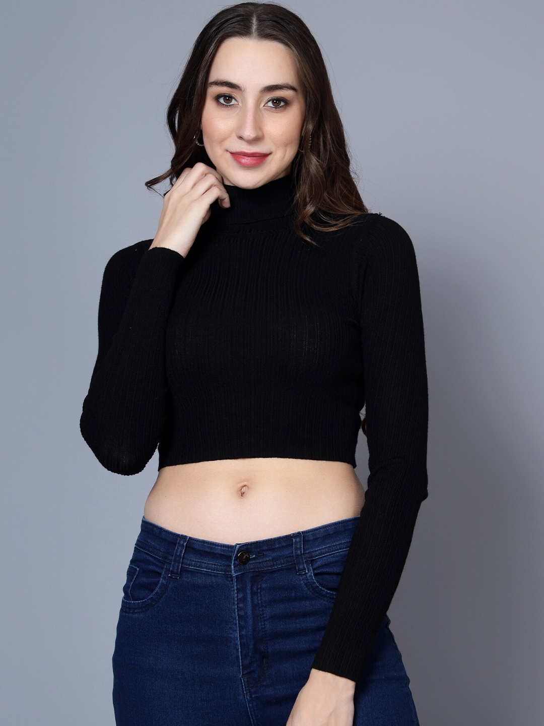 

BROOWL Ribbed High Neck Woollen Crop Pullover, Black