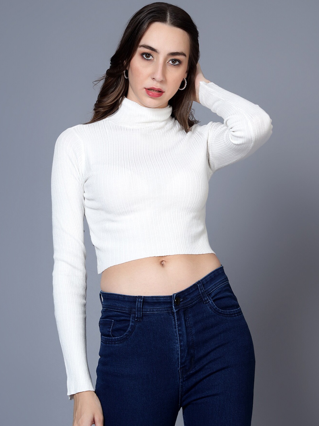 

BROOWL Ribbed High Neck Woollen Crop Pullover, White
