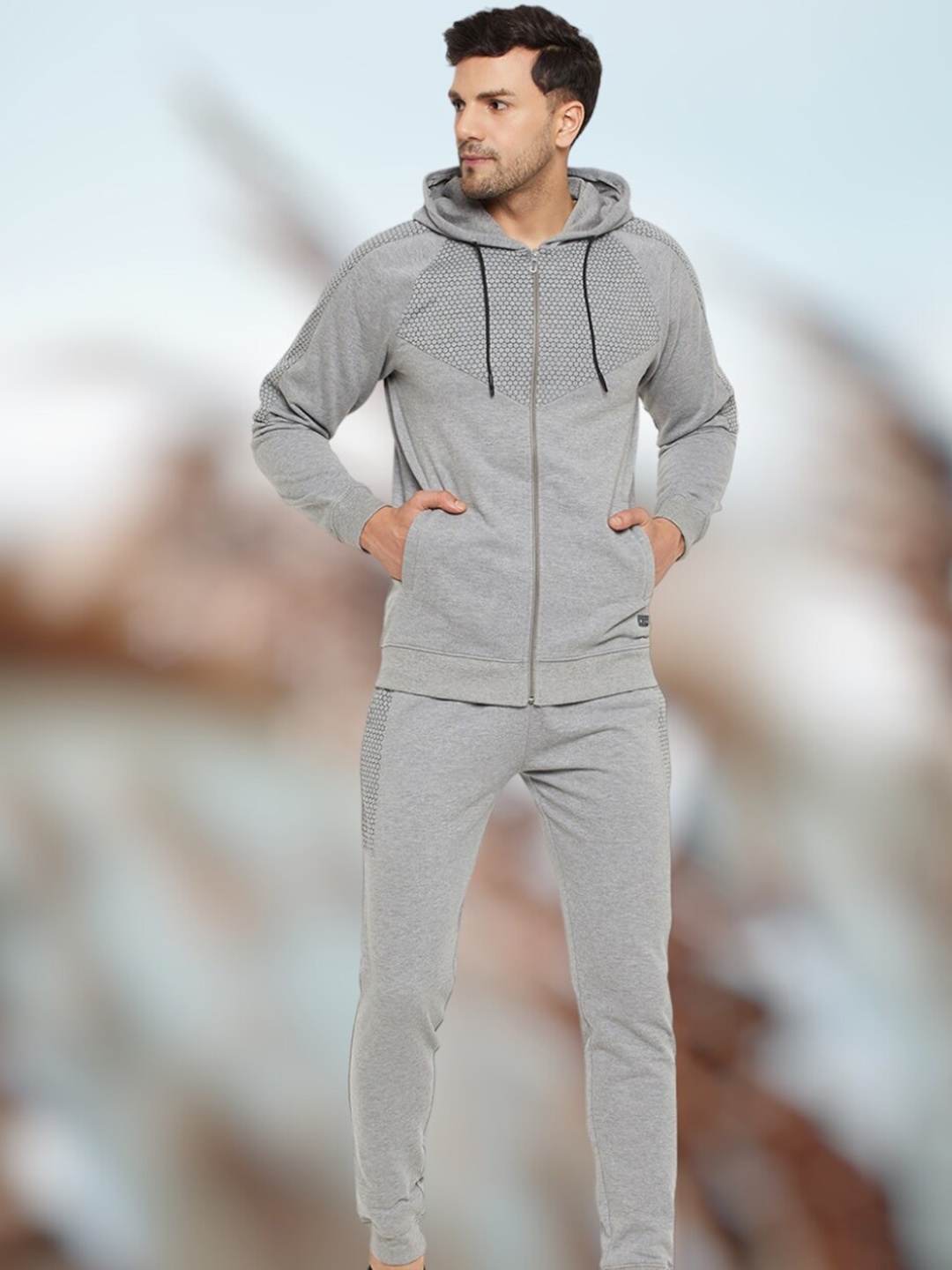 

WILD WEST Geometric Printed Cotton Fleece Hood Front Open Sweatshirt With Track Pant, Grey