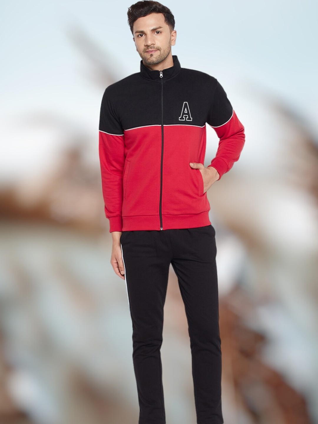 WILD WEST Colourblocked Fleece Cotton Tracksuits, Red