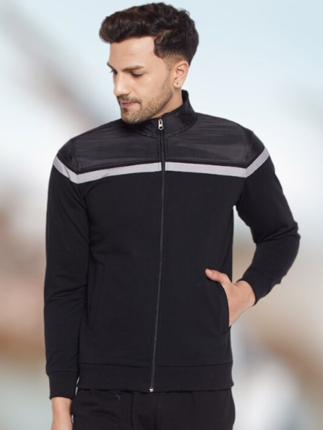 WILD WEST Striped Mock Collar Tracksuit, Black