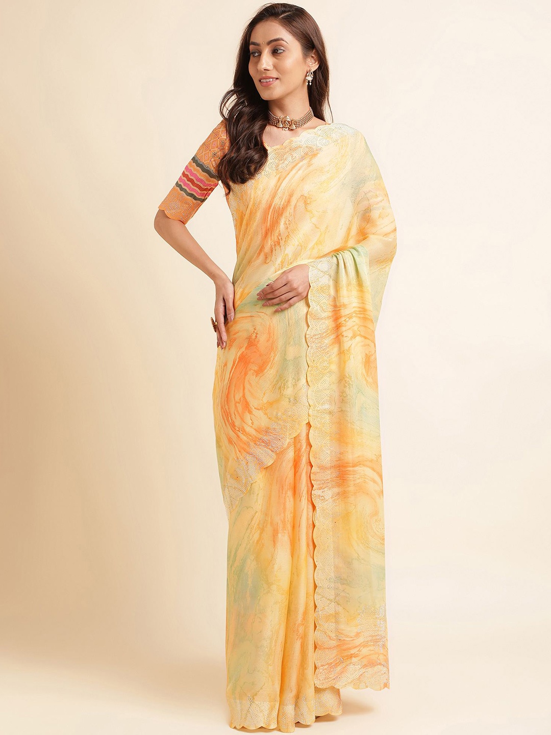 

Mitera Yellow Abstract Printed Pure Chiffon Saree