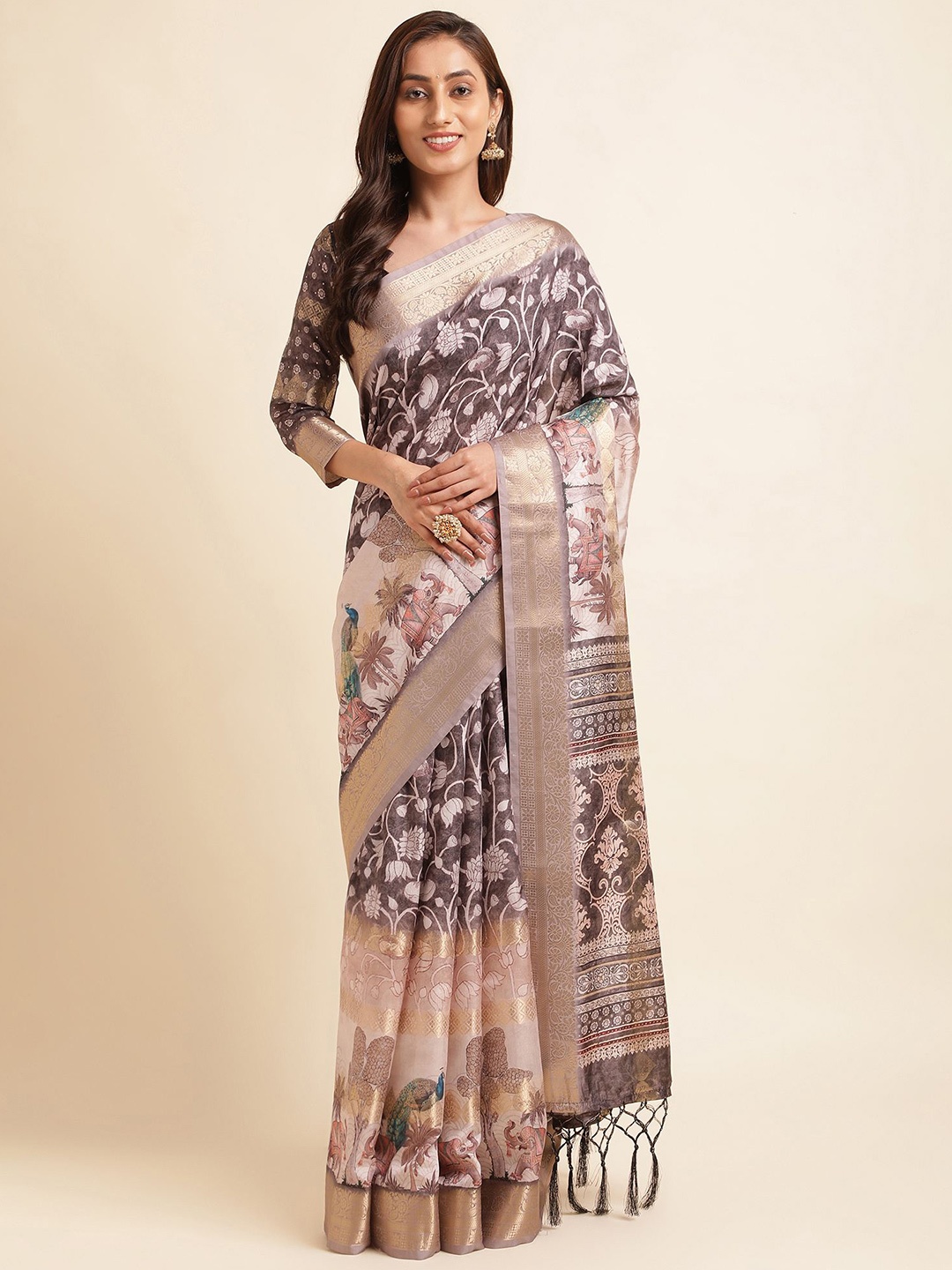 

Mitera Black & Gold-Toned Ethnic Motif Printed Zari Tussar Pure Silk Saree