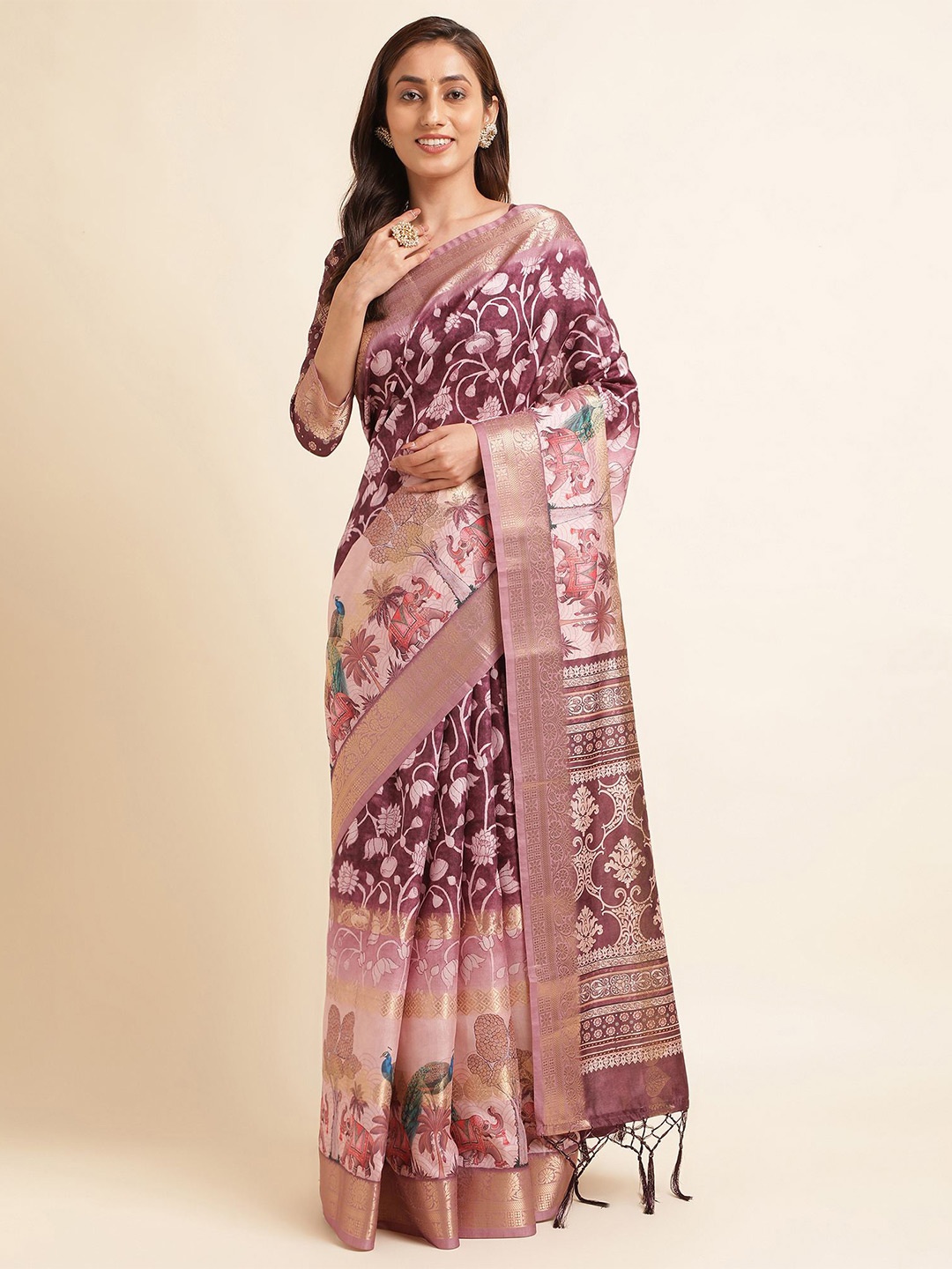 Mitera Floral Zari Pure Silk Saree, Purple