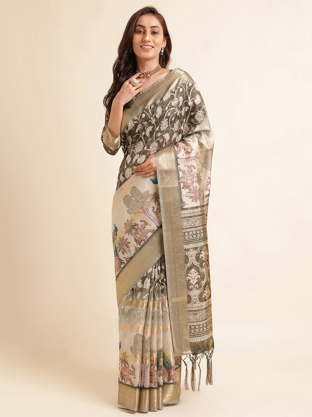 

Mitera Green Floral Printed Pure Silk Saree