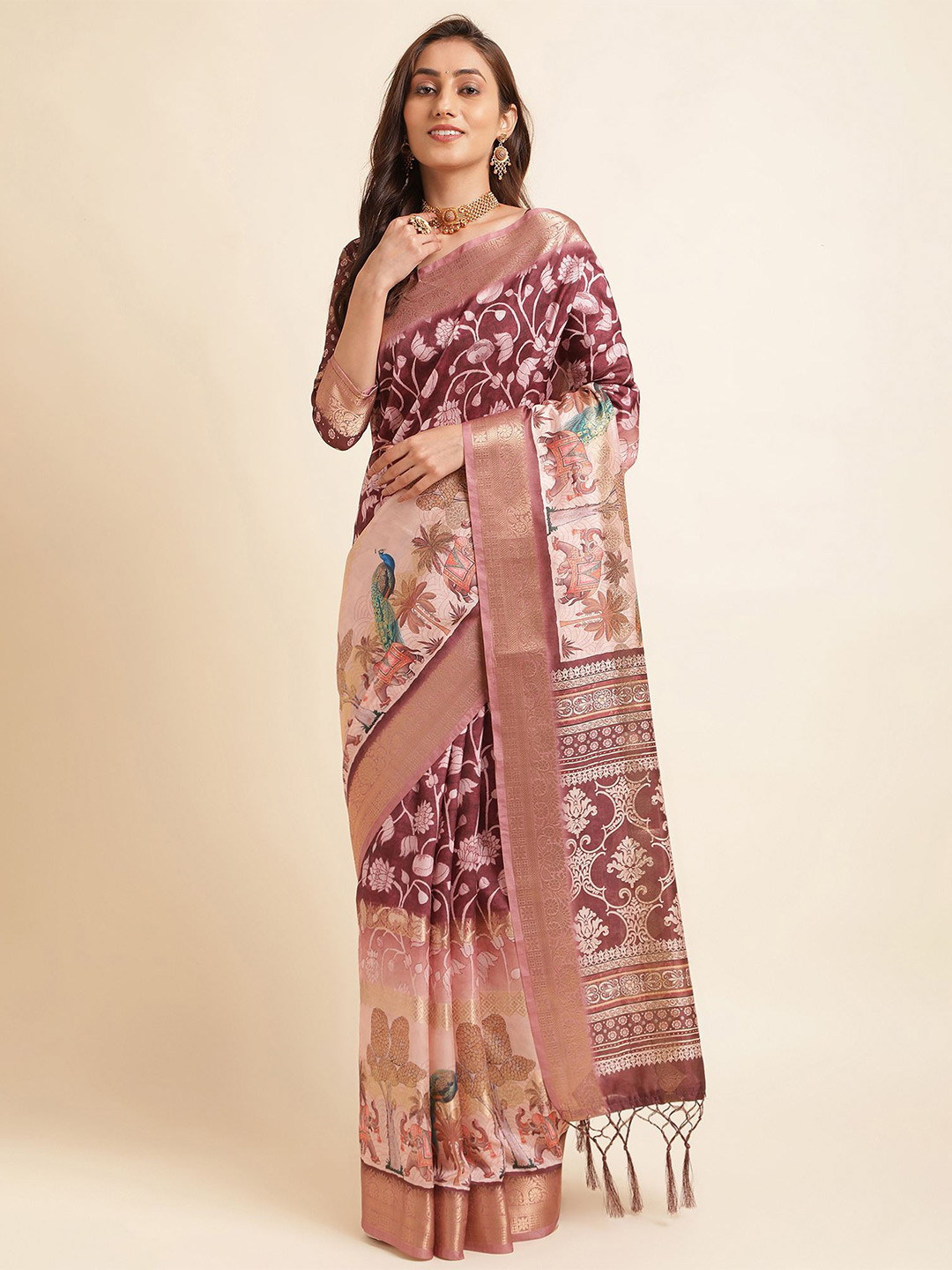 

Mitera Mauve & Gold Toned Zari Pure Silk Saree