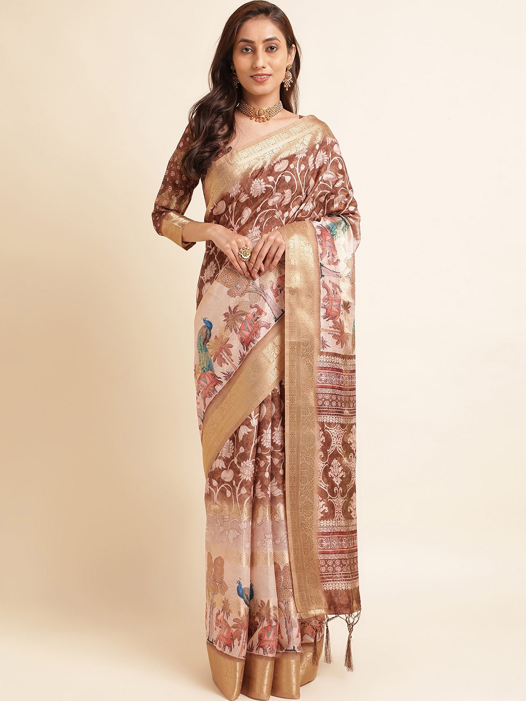

Mitera Floral Printed Zari Pure Silk Saree, Brown