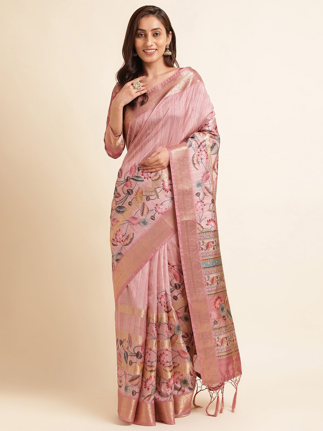 

Mitera Pink & Gold Toned Floral Printed Zari Pure Silk Saree