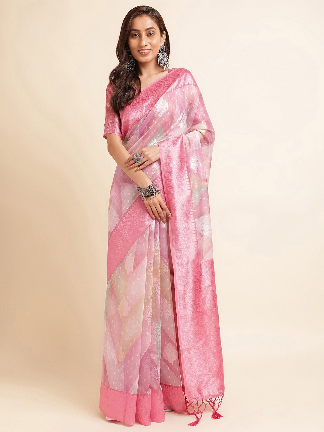 

Mitera Pink & Silver Toned Abstract Woven Design Zari Silk Cotton Saree