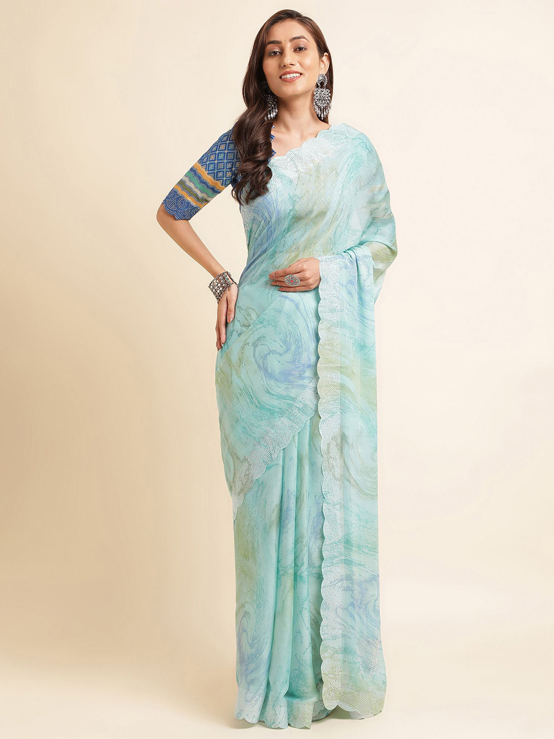 

Mitera Blue & Yellow Abstract Printed Beads & Stones Pure Chiffon Saree