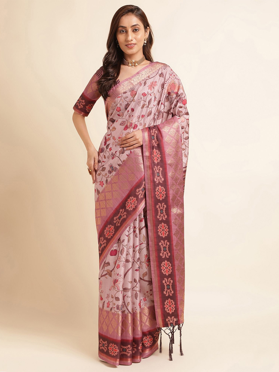 

Mitera Maroon Floral Printed Tasseled Pure Silk Saree