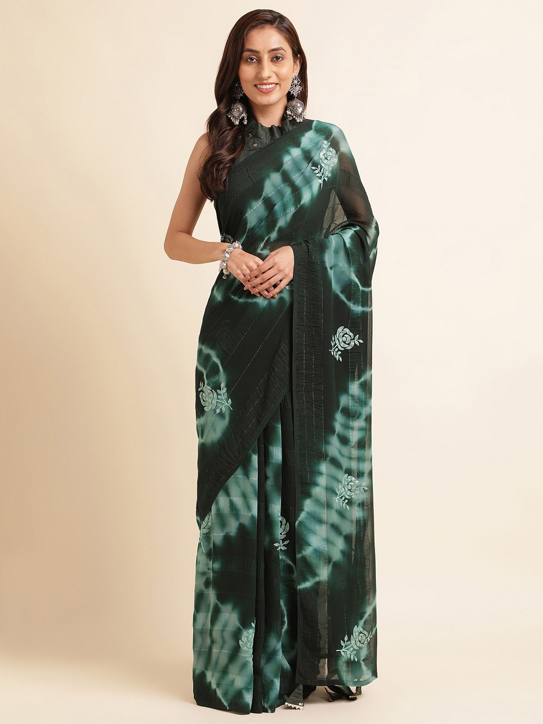 

Mitera Floral Printed Pure Georgette Saree, Teal